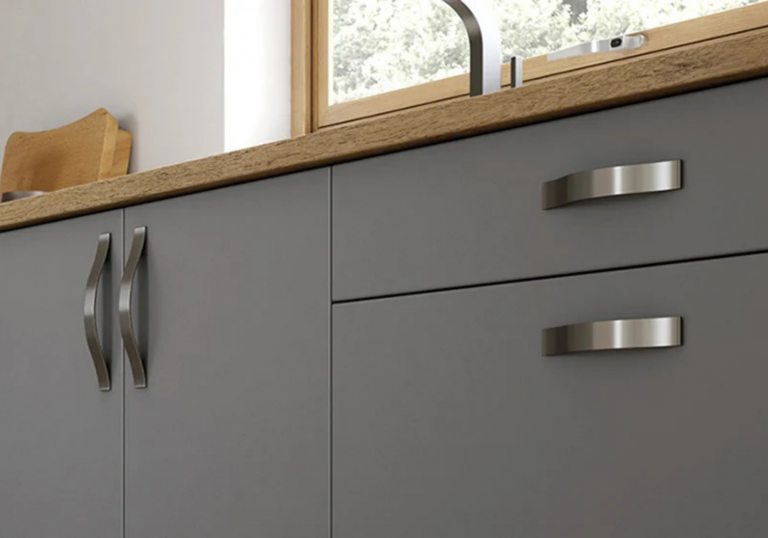 Brushed Nickel Bow Handles Shown On Zola Dust Grey