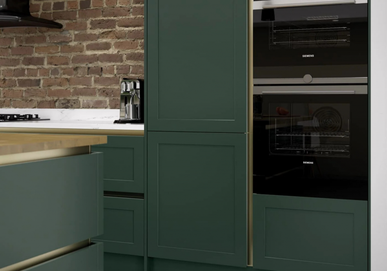 A Modern Twist On Shaker Style Clifden Heritage Green With Brushed Brass Rails