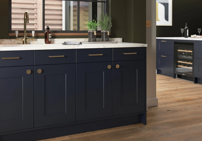 Brushed Brass Knobs Have Been Paired With Square D-Handles In This Florence Slate Blue Kitchen