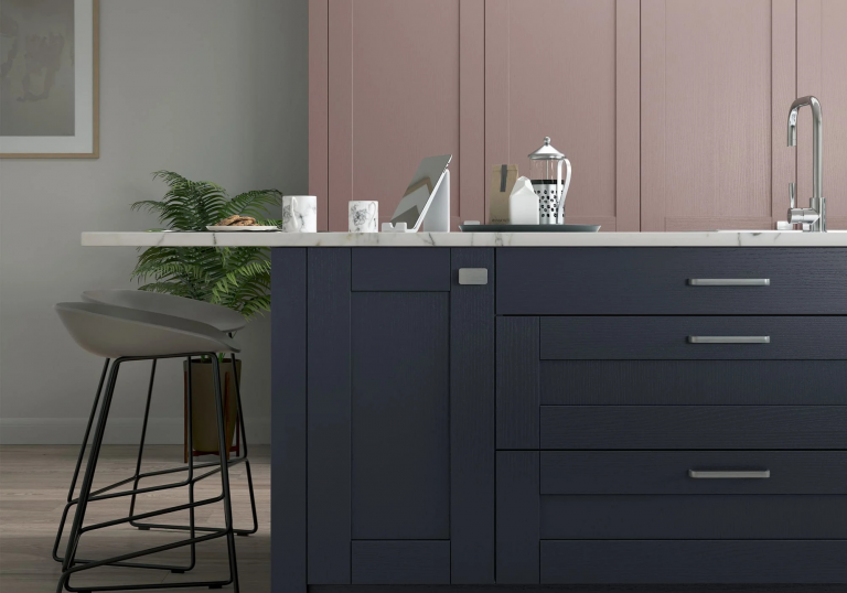 Brushed Nickel Knobs and D-Handles Shown Here On This Madison Slate Blue And Vintage Pink Kitchen