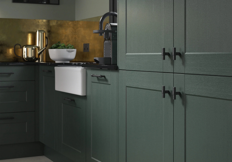 Modern Knurled T-Bar Handles In Matte Black Contrast With These Kensington Heritage Green Doors