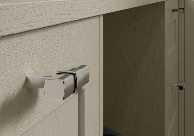 These Chrome T-Bar Handles Are Perfect In This Aldana Stone Bedroom