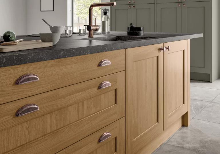 Round Copper Cup Handles Shown With Wakefield Light Oak